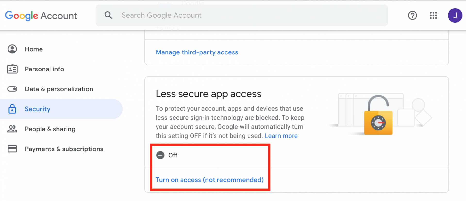 Under the Security section, scroll to and select "Less secure app access".