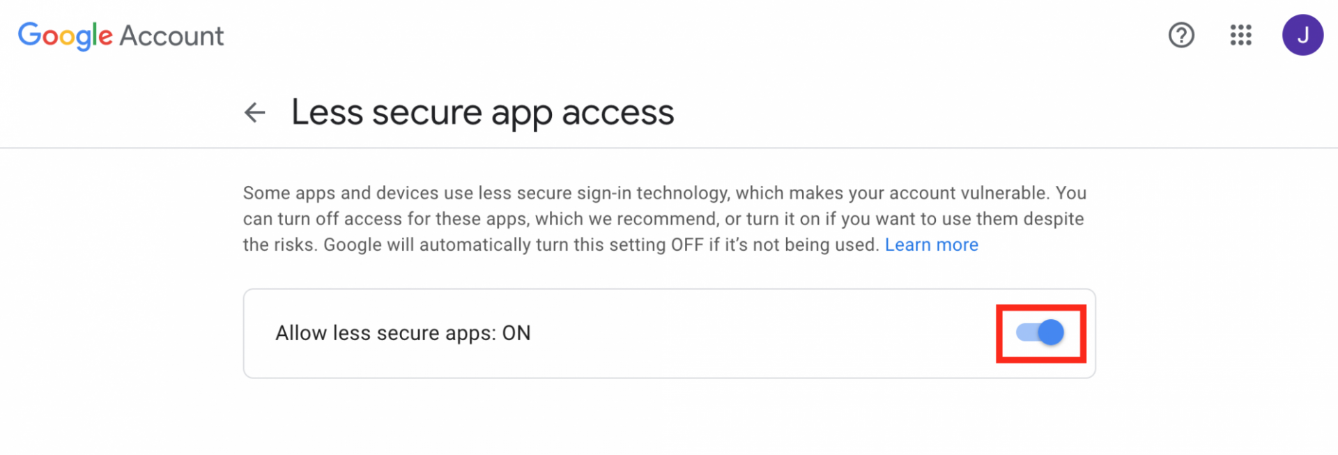 The Allow less secure apps setting is set to ON.