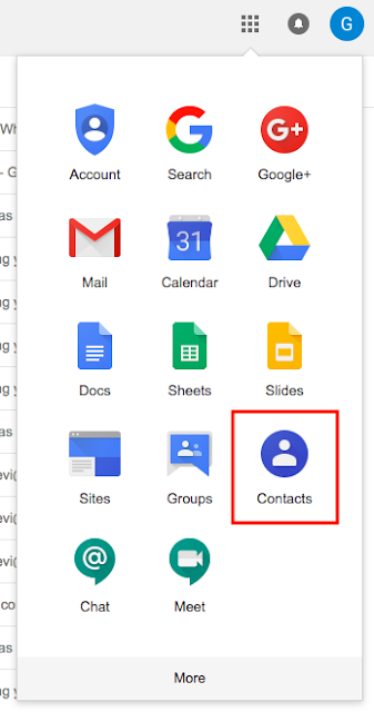 You can access Contacts at contacts.google.com or via the app launcher (pictured). Updated way to access Google Contacts, via the App Launcher in the upper-right hand corner
