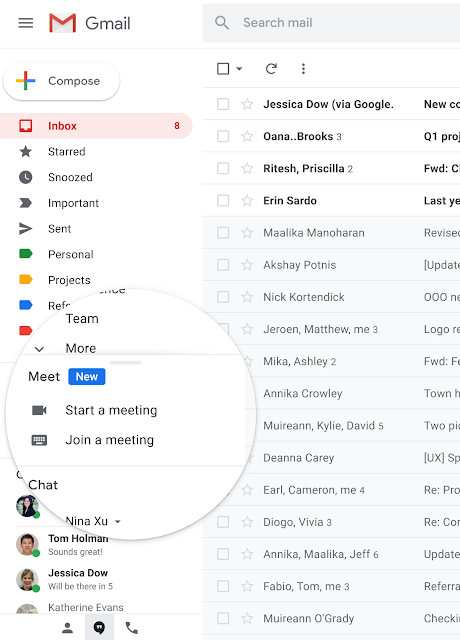 Start/Join Google Meet shortcut in left-hand navigation pane of Gmail