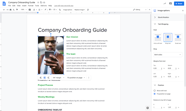 Google Docs sidebar: text wrapping section