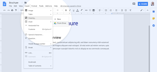 Use the Insert menu to add a Google Drawing into Google Docs from Drive