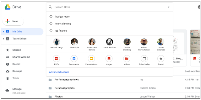 Intelligent search options appear when you click the Drive search box