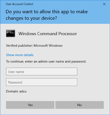 Image of User Account Control window asking "Do you want to allow this app to make changes to your device?" with User Name and Password fields.