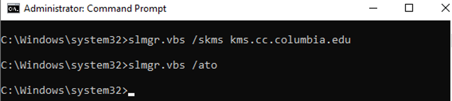 Command Prompt window with the following commands entered after C:\Windows\system32>slmgr.vbs /skms kms.cc.columbia.edu slmgr.vbs /ato