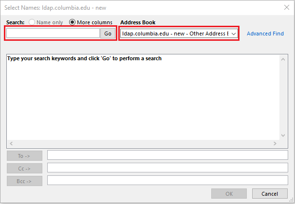 Select ldap.columbia.edu in the Address Book and search a Columbia user's name.