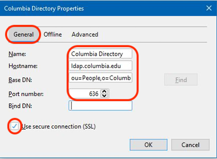 Image of the General tab (circled) in the New LDAP Directory window. The Name, Hostname, Base DN, Port Number and Use secure connection (SSL) fields are circled.