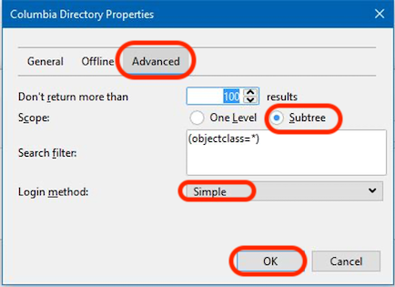 Image of the General tab (circled) in the New LDAP Directory window. The Scope and Login method fields are circled,as well as OK.