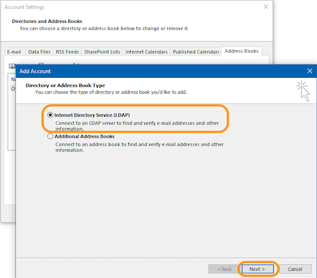 Add Account window with Internet Directory Service (LDP) circled in orange