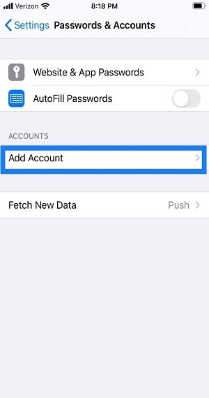 Password & Accounts iPhone screen with Add Account button circled (3rd option from the top under Accounts heading)