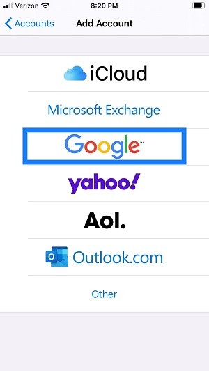 iPhone Add Account screen with Google logo circled (3rd option from the top)
