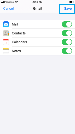 Gmail sync screen with Save button in upper right corner circled