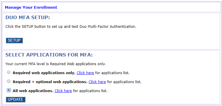 Manage Your Enrollment section in Duo MFA self-service portal: select ALL WEB APPLICATIONS to avoid mandatory password resets