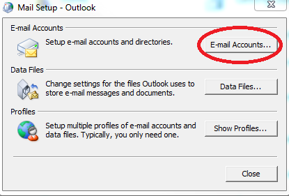 Mail Setup Window, Email Accounts circled