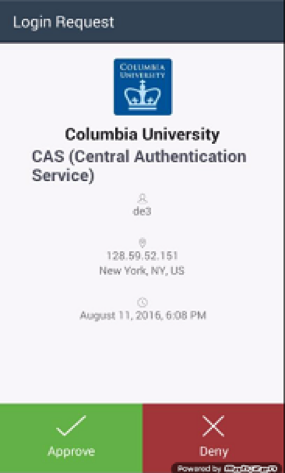 image that shows: the Duo Mobile app will present you with an Authentication Request, with 2 buttons, Approve and Deny.