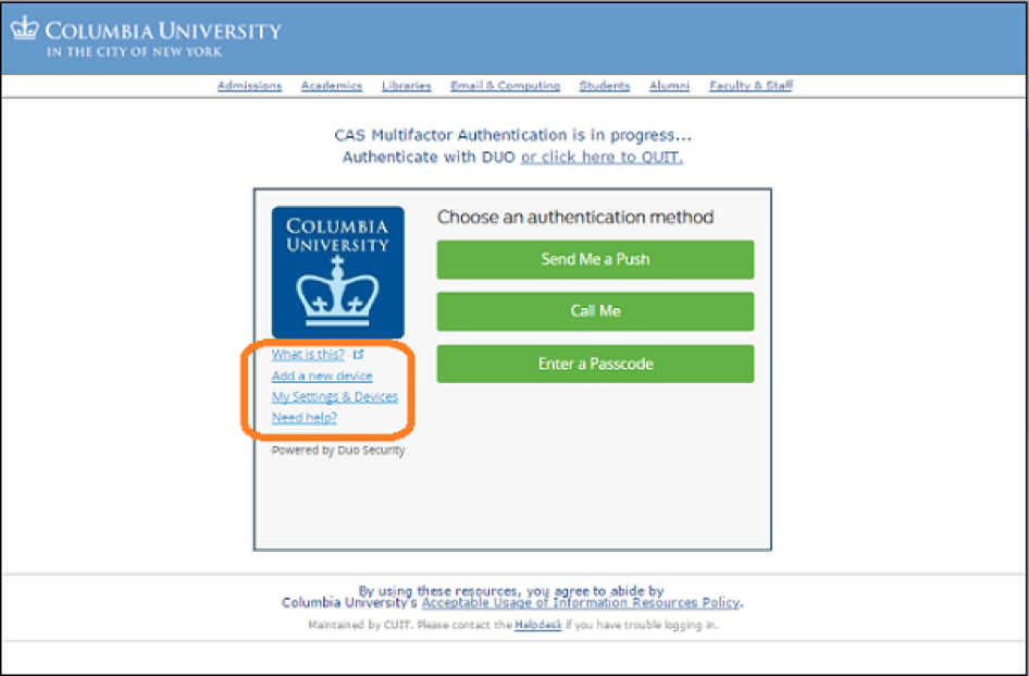 Image shows: Add a new devicelink in your web browser on the left hand side of the Duo authentication page