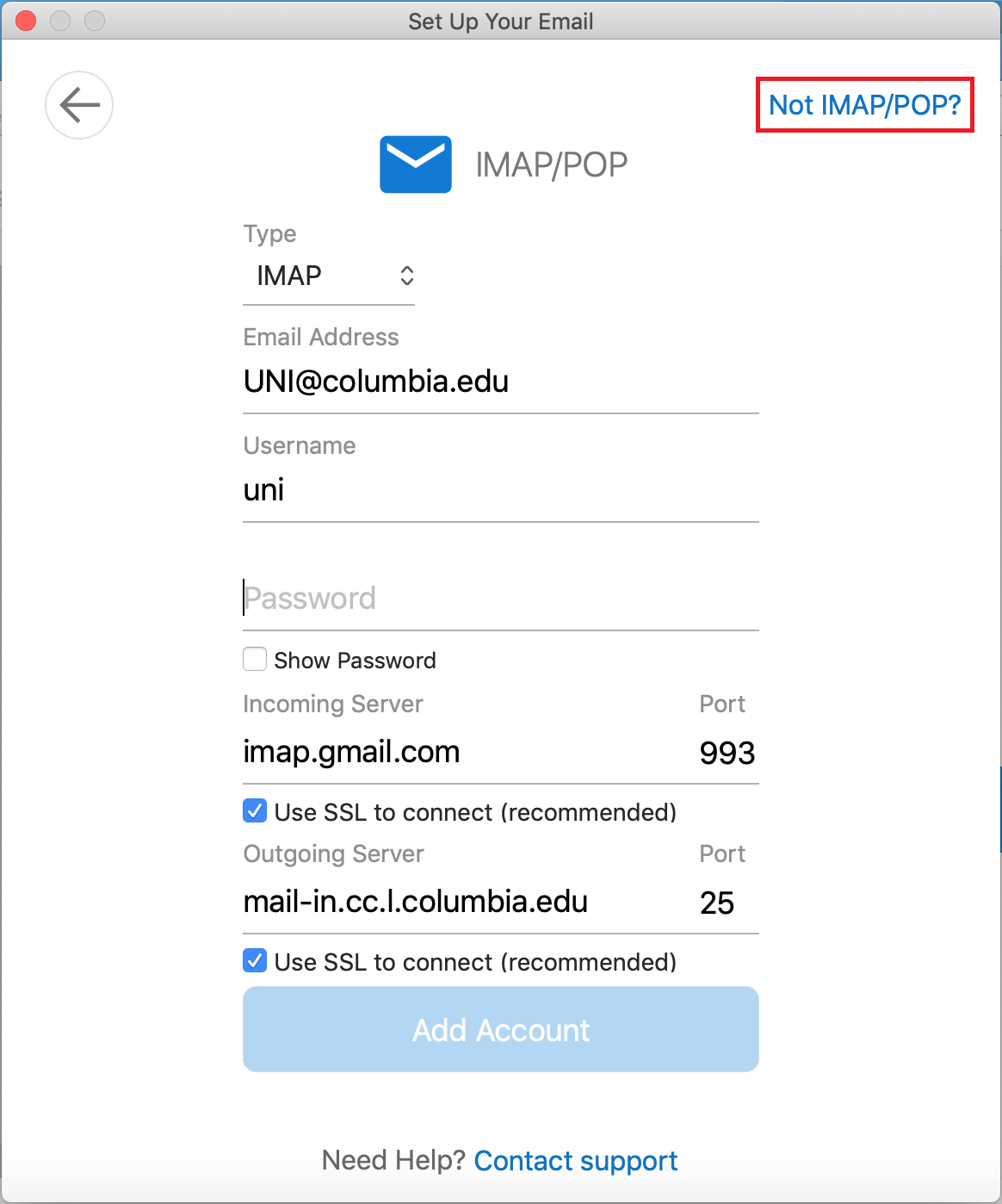 In the Set Up Your Email window, select the "Not IMAP/POP?" link in the upper-right corner