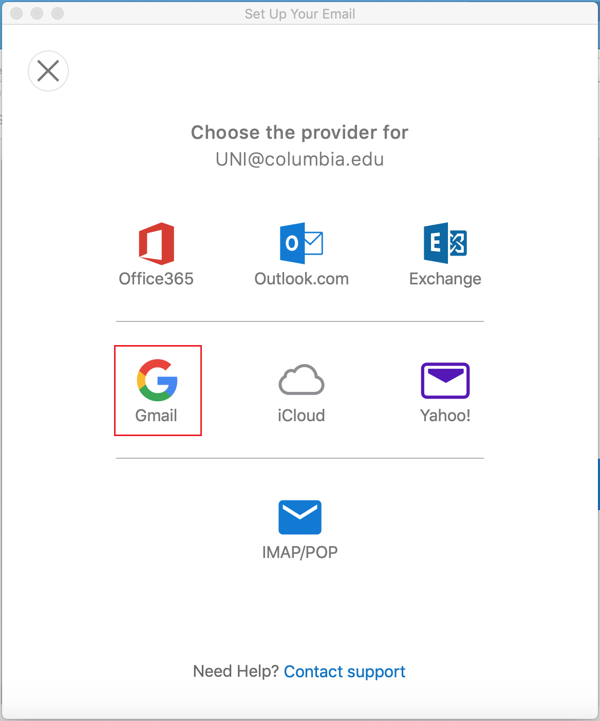 In the Set Up Your Email window, choose Gmail as the provider for your UNI@columbia.edu