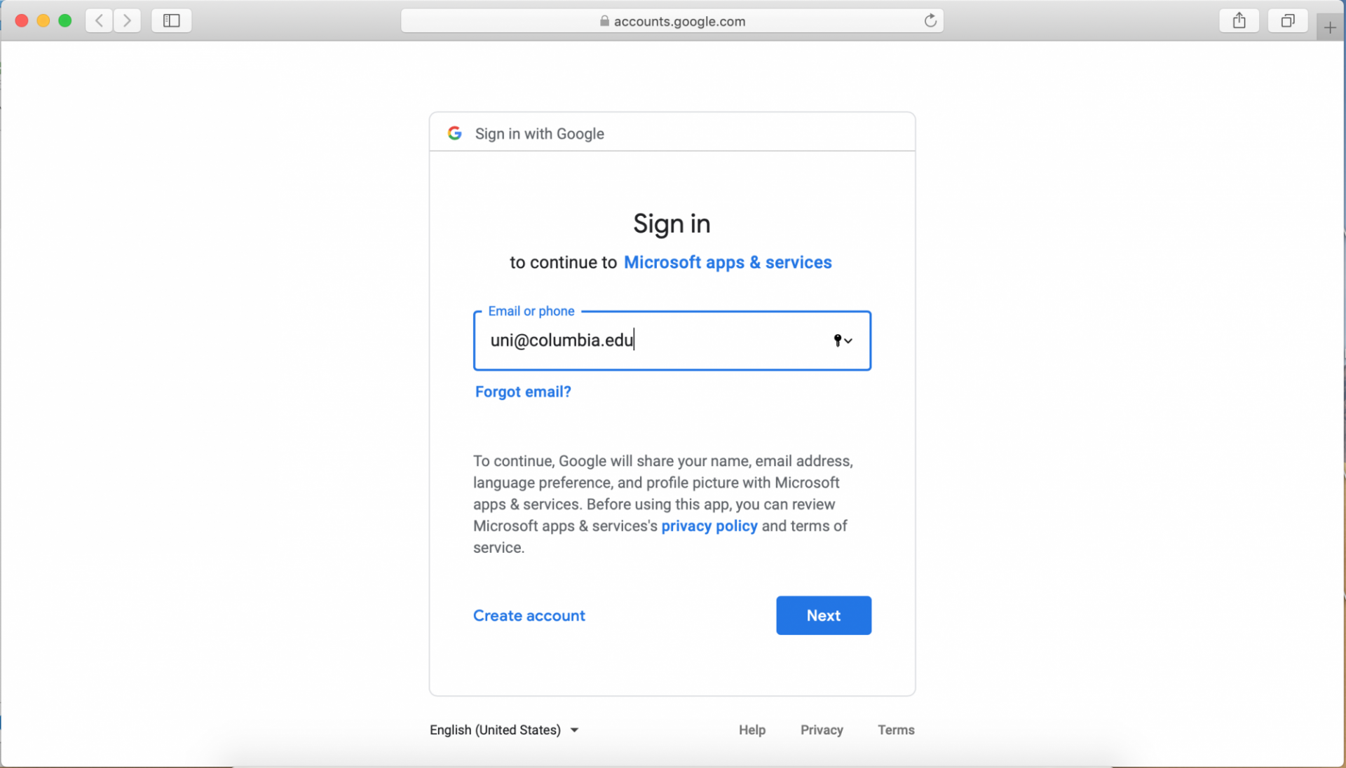 Enter your UNI@columbia.edu email address in the Sign in with Google window of your default browswer