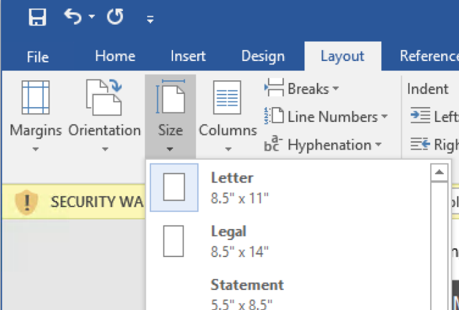 Word document menu, Layout tab
