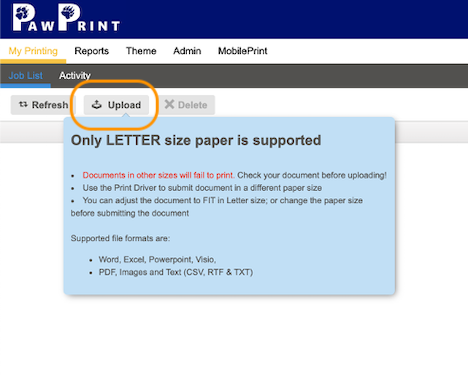 Click on the Upload button, and select the document(s) that you want to send to the print queue, up to 50 MB each.