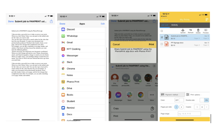 Screenshots of steps listed above to submit PawPrint job in iOS