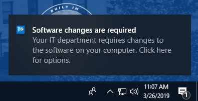 Pop-up window in lower-righthand corner: Software changes are required