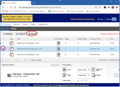 PawPrint Print Center in web browser, highlighting Delete button in top menu pane