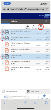 PawPrint Print Center in mobile browser, highlighting Delete button in top menu pane