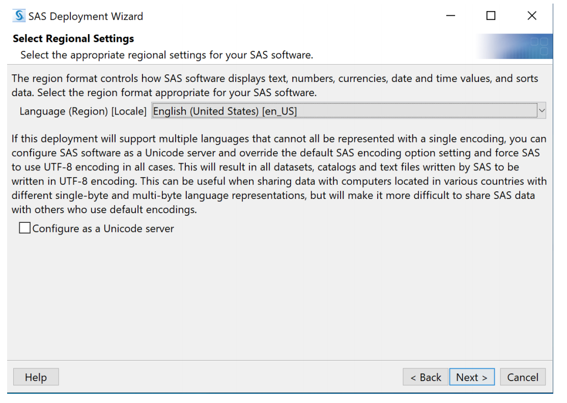SAS Deployment Wizard Window: SAS Regional Settings