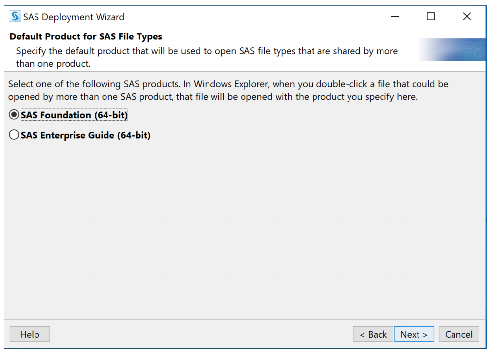 SAS Deployment Wizard Window: Default Product for SAS File Types