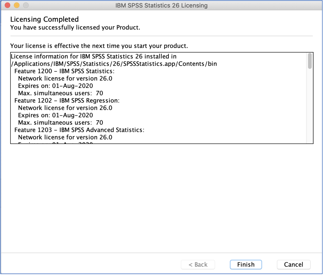 SPSS Installer Window: Licensing Completed