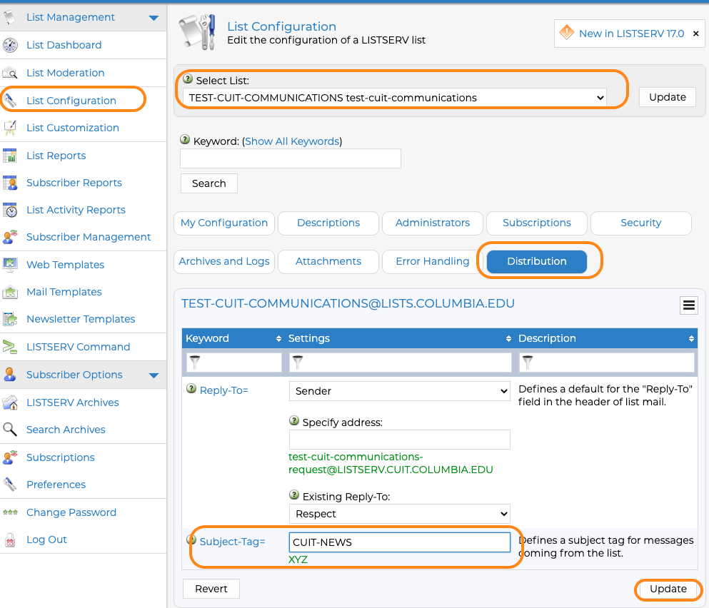 Listerv interface view of List Configuration page with Select List, Distribution, Subject-Tag, and Update fields circled.