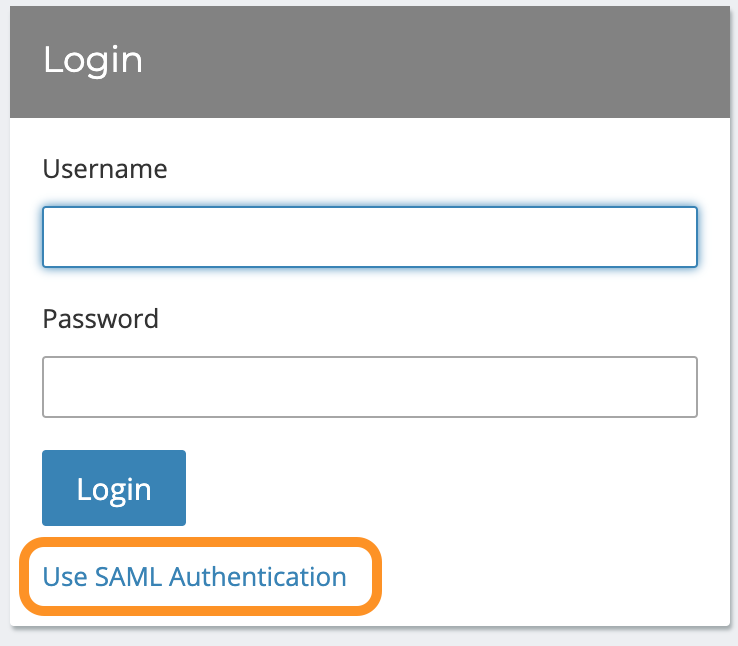 Login page with Use SAML Authentication link circled (located underneath blue Login button)