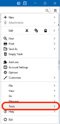 Thunderbird menu extended with "Tools" option circled