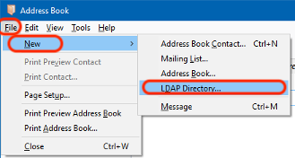 Address Book view with File menu extended (circled), New option selected (circled), and LDAP Directory option selected (circled)