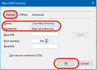 Image of the General tab (circled) in the New LDAP Directory window. The Name and Hostname fields are circled, as well as OK.