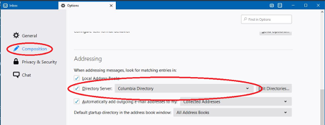 Options window with Composition tab circled, and Directory Server section (under Addressing) circled