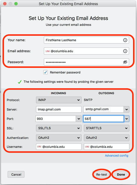 Set Up Your Existing Email Address window with the fields filled out as detailed in Step 3