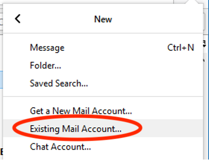 Image of sub-menu under "New" with "Existing Mail Account" circled