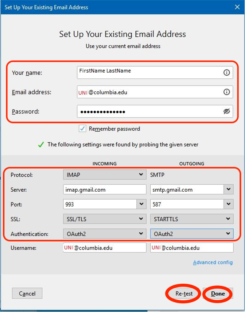 Set Up Your Existing Email Address window with fields completed as detailed in step 4
