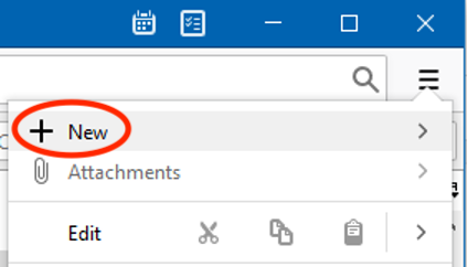 Image of Thunderbird menu interface with "New" menu item circled (top item on the menu)