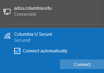 Columbia U Secure network option on list of network options