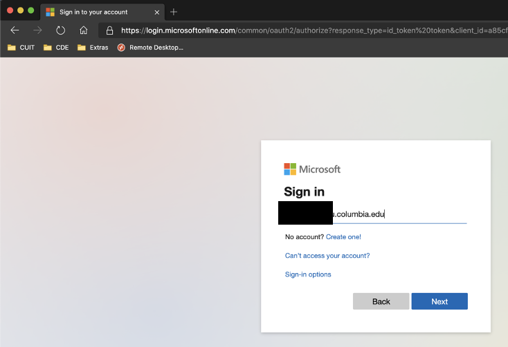 Screenshot of a Microsoft sign-in page opened in a browser window.