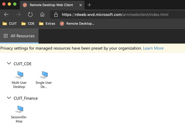 Screenshot of a dialogue box that shows available desktop resources from CUIT. These may be different for each user.