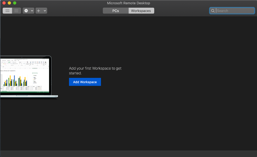 Screenshot of the opening page of the Microsoft Remote Desktop App, which says "Add your first Workspace to get started" with a button below that says "Add Workspace"