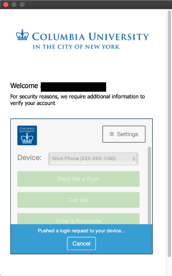 Screenshot of Columbia University DUO multi-factor authentication sign-in.