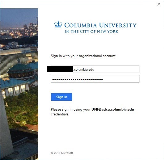 Screenshot of Columbia University sign-in page.