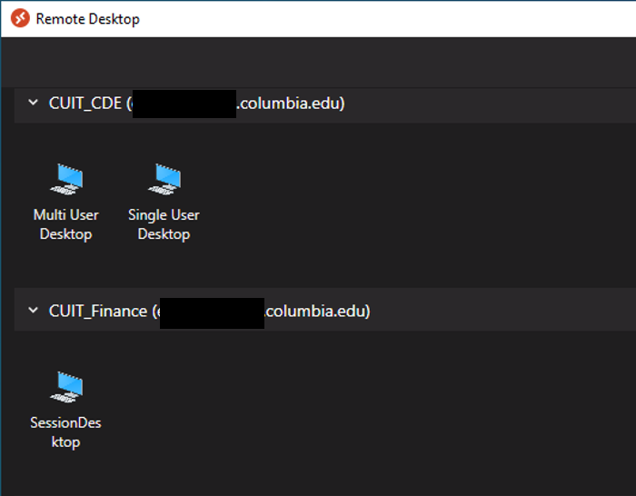 Screenshot of a dialogue box that shows available desktop resources from CUIT. These may be different for each user.