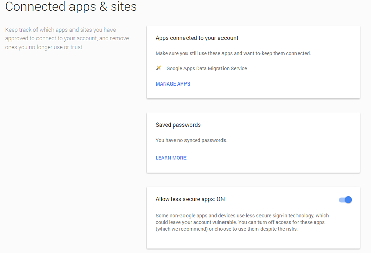 Connected apps & sites screen